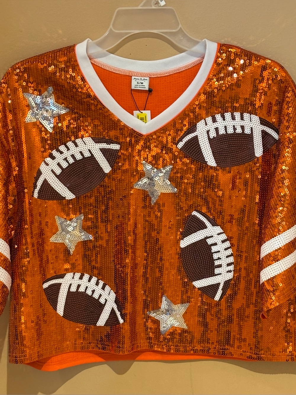 Anna & Ava Orange Sequin Football Hoodie Top with White Trim